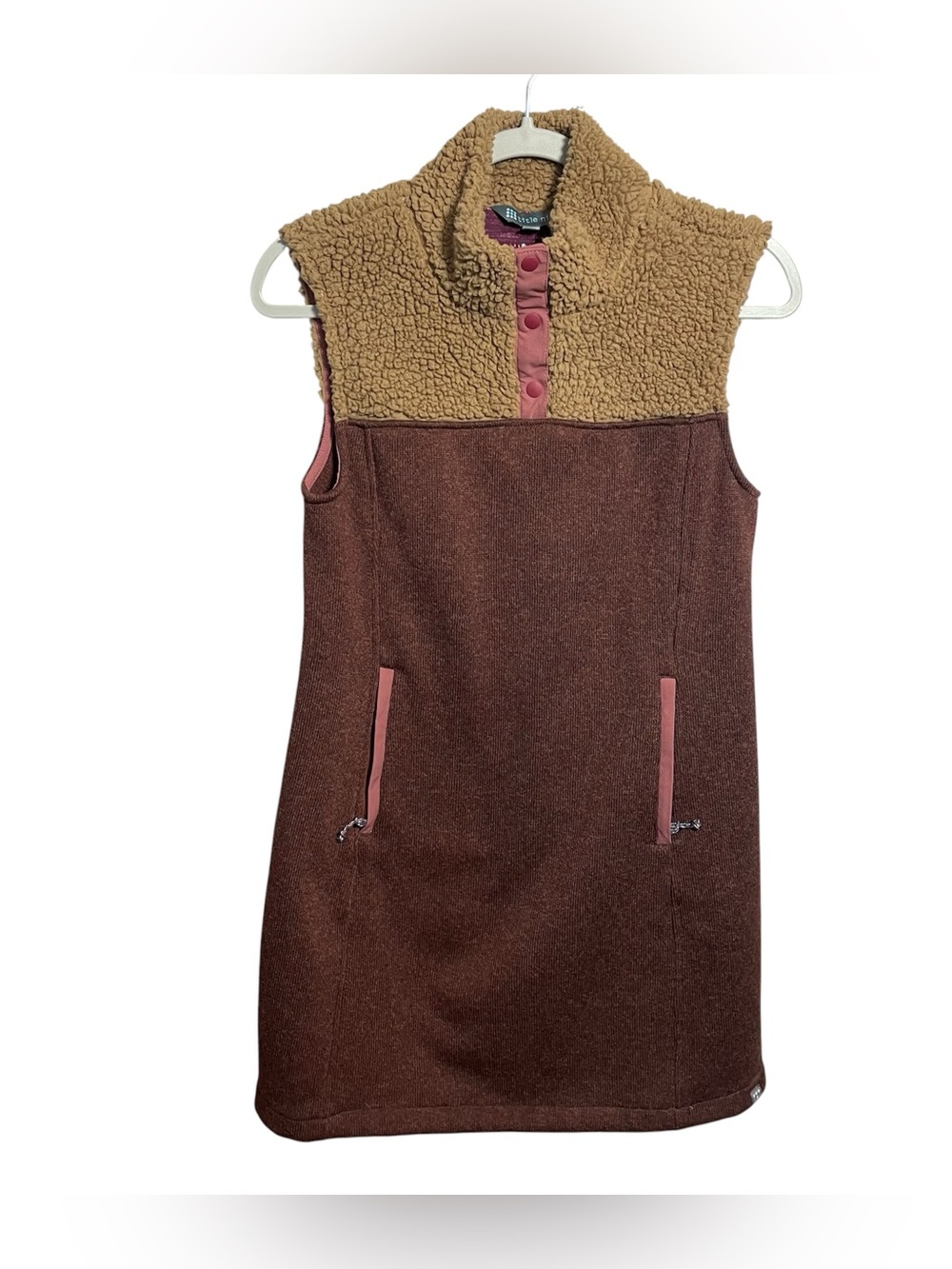 Title Nine Callitrix fleece Sherpa vest dress brown and tan colorblock design